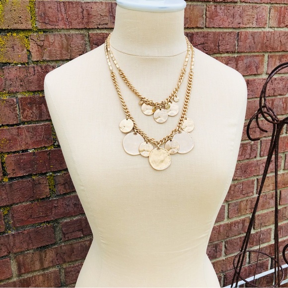 LB Gold Hammered Embellished Necklace Matching Earrings - Picture 2 of 9